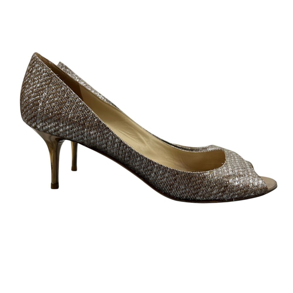 Jimmy Choo Womens 39.5 Pumps Gold Silver Metallic Isabel Glitter Peep Toe Kitten